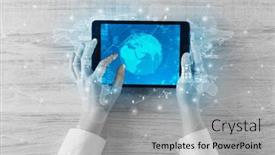  Presentation with tablet - Presentation theme enhanced with hand-touching-tablet-with-worldwide and a  colored foreground