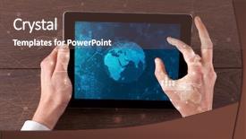  Presentation with tablet - Colorful slide deck enhanced with hand touching tablet with worldwide backdrop and a tawny brown colored foreground