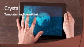  Presentation with tablet - PPT theme with hand touching tablet with worldwide background and a tawny brown colored foreground