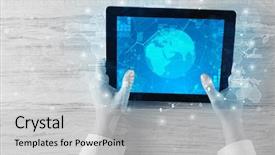  Presentation with statistics - PPT theme featuring hand touching tablet with worldwide background and a light gray colored foreground