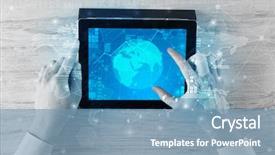  Presentation with monthly report sales in statistics - Theme having hand touching tablet with worldwide background and a teal colored foreground