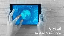  Presentation with monthly report sales in statistics - Beautiful PPT layouts featuring hand touching tablet with worldwide backdrop and a gray colored foreground