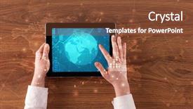  Presentation with tablet - Slides having hand touching tablet with worldwide background and a tawny brown colored foreground