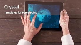  Presentation with tablet - Presentation theme featuring hand touching tablet with worldwide background and a tawny brown colored foreground
