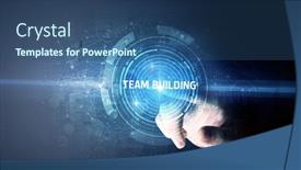  Presentation with building team - Cool new theme with hand-touching-team-building-button backdrop and a ocean colored foreground