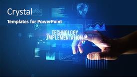  Presentation with new technology - Audience pleasing theme consisting of hand-touching-technology-implementation-inscription backdrop and a ocean colored foreground