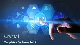  Presentation with new technology - PPT theme enhanced with hand-touching-usp-inscription-new background and a ocean colored foreground