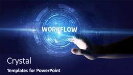  Presentation with modern - PPT theme having hand-touching-workflow-button-modern background and a navy blue colored foreground