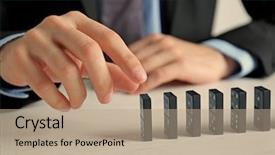  Presentation with hand sanitizer kids - PPT theme with hand trying to toppling domino background and a coral colored foreground