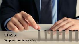  Presentation with hand to hand - Slides featuring hand trying to toppling domino background and a mint green colored foreground