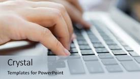  Presentation with business partner people joining hand - PPT theme with hand typing on laptop keyboard background and a light blue colored foreground