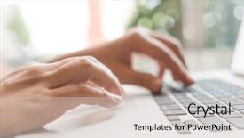  Presentation with woman business - Beautiful PPT theme featuring hand typing on laptop keyboard backdrop and a soft green colored foreground