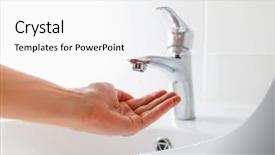  Presentation with water faucet - Amazing PPT theme having hand under faucet without water backdrop and a white colored foreground