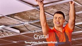  Presentation with builder - Presentation theme with hand up installing suspended ceiling background and a tawny brown colored foreground