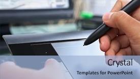  Presentation with using digital tablet - PPT theme featuring foot stomping - woman shoe stepping on business background and a  colored foreground.