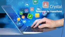  Presentation with global laptop - PPT theme having hand using laptop with bouncing colorful application and global reports and graphs concept background and a teal colored foreground