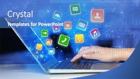  Presentation with global laptop - PPT layouts with hand using laptop with bouncing colorful application and global reports and graphs concept background and a teal colored foreground