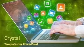  Presentation with global laptop - Presentation theme featuring hand using laptop with bouncing colorful application and global reports and graphs concept background and a tawny brown colored foreground