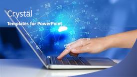  Presentation with storage - Presentation having hand using laptop with cloud computing and online storage concept background and a teal colored foreground