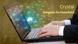  Presentation with storage - PPT layouts enhanced with hand using laptop with cloud computing and online storage concept background and a tawny brown colored foreground