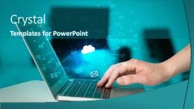  Presentation with storage - Beautiful theme featuring hand using laptop with cloud computing and online storage concept backdrop and a ocean colored foreground