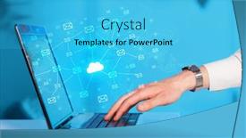  Presentation with storage - Amazing PPT theme having hand using laptop with cloud computing and online storage concept backdrop and a cyan colored foreground