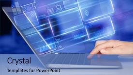  Presentation with database - Colorful PPT theme enhanced with hand using laptop with database backdrop and a teal colored foreground