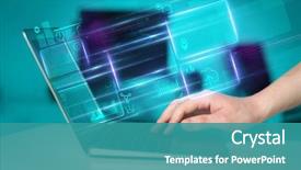  Presentation with database - Cool new slide deck with hand using laptop with database backdrop and a teal colored foreground