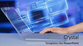 Presentation with database - Amazing presentation theme having hand using laptop with database backdrop and a light blue colored foreground