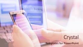  Presentation with mobile banking - Cool new PPT theme with hand using on line banking backdrop and a lemonade colored foreground