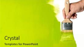  Presentation with green officebuilding man - Colorful presentation enhanced with hand using paintbrush with green backdrop and a light gray colored foreground