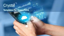  Presentation with information technology cloud - Theme with hand using phone with cloud background and a ocean colored foreground