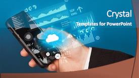  Presentation with information technology cloud - Presentation having hand using phone with cloud background and a  colored foreground