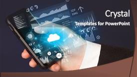  Presentation with information technology cloud - Presentation theme enhanced with hand using phone with cloud background and a dark gray colored foreground