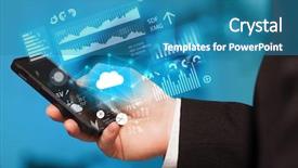  Presentation with information technology cloud - Beautiful slide deck featuring hand using phone with cloud backdrop and a teal colored foreground