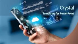  Presentation with information technology cloud - Audience pleasing PPT theme consisting of hand using phone with cloud backdrop and a ocean colored foreground