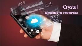  Presentation with information technology cloud - Cool new slide deck with hand using phone with cloud backdrop and a tawny brown colored foreground