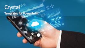  Presentation with information technology cloud - Cool new presentation with hand using phone with cloud backdrop and a teal colored foreground