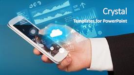  Presentation with information technology cloud - PPT theme with hand using phone with cloud background and a teal colored foreground