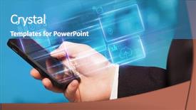  Presentation with database - PPT theme having hand using phone with database background and a teal colored foreground