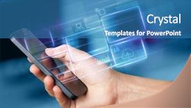  Presentation with database - Colorful slide set enhanced with hand using phone with database backdrop and a teal colored foreground