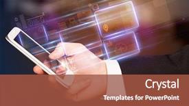  Presentation with database - Colorful presentation design enhanced with hand using phone with database backdrop and a red colored foreground