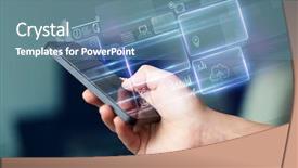  Presentation with database - PPT layouts consisting of hand using phone with database background and a seafoam green colored foreground