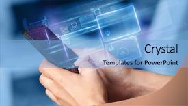  Presentation with database - PPT theme consisting of hand using phone with database background and a light blue colored foreground