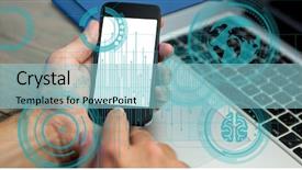  Presentation with mobile technology - Presentation theme featuring hand using smart phone background and a light blue colored foreground