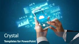  Presentation with financial - Colorful slides enhanced with hand using smartphone with financial backdrop and a ocean colored foreground