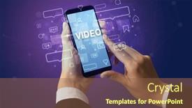  Presentation with social media - PPT theme featuring hand-using-smartphone-with-social background and a tawny brown colored foreground