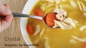  Presentation with noodle - Presentation enhanced with hand using spoon to eat chicken noodle soup background and a gold colored foreground