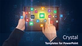  Presentation with bounce - Colorful PPT theme enhanced with hand using tablet with colorful bounce application symbols and icons concept backdrop and a navy blue colored foreground