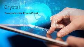  Presentation with tablet - Colorful presentation design enhanced with hand-using-tablet-with-multinational backdrop and a cyan colored foreground